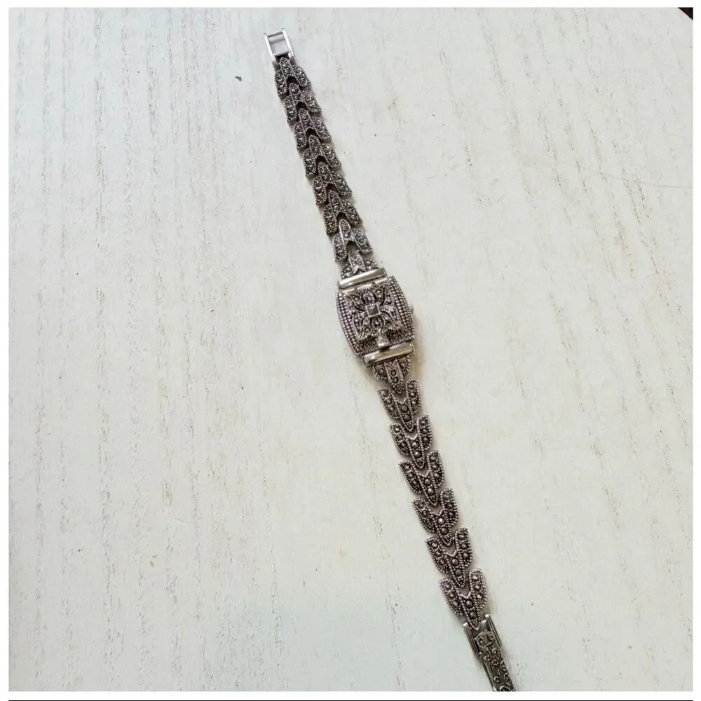 Lee Sands Mother of Pearl Hidden Watch Marcasite Style Quartz Bracelet Watch Art